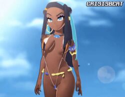 1girls 3d alternate_breast_size alternate_outfit animated ass belly bikini bouncing_breasts breasts cleavage crisisbeat dark-skinned_female dark_skin eye_contact eyeshadow female female_only human large_breasts looking_at_viewer makeup micro_bikini navel nessa_(pokemon) nintendo panties pokemon pokemon_ss sideboob sling_bikini solo text thick_thighs thin_waist walk_cycle walking watermark wide_hips