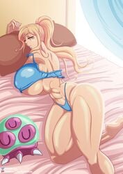 abs baby_(metroid) bed_sheet bedroom big_breasts blonde_hair breasts_bigger_than_head closed_eyes curvaceous female female_only kogeikun metroid metroid_(creature) muscular_female muscular_thighs nightwear nintendo open_mouth pajamas samus_aran sleeping