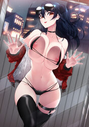 1girls against_glass akchu azur_lane bangs barely_clothed big_breasts bikini black_hair blue_hair boots breast_press breasts breasts_out choker city cityscape exhibitionism exhibitionist facing_viewer female female_only hands_on_wall jacket long_hair looking_at_viewer messy_hair naughty_face navel night nipple_slip nipples no_nose pale_skin pink_nipples pinup red_eyes shiny_hair small_mouth smile solo sunglasses sunglasses_on_head tagme taihou_(azur_lane)