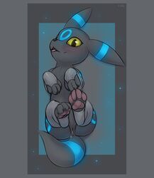 1girls 2019 4_toes alternate_color ass big_ears black_fur black_nose blue_background blue_fur blush claws clothing eeveelution eye_contact feet female female_only feral flat_chest glowing glowing_fur grey_border hi_res legs_up legwear long_ears looking_at_viewer multi_breast nintendo nipples nude on_back open_mouth original_character pawpads paws pokémon_(species) pokemon pokemon_gsc pose pussy pussy_juice shiny_pokemon simple_background slowderpyguy smile soles solo stripes tail text thighhighs toes tongue umbreon video_games watermark wide_hips yellow_eyes