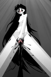 2d black_and_white black_cum black_eyes black_hair bottom_view cum cum_in_pussy female gray_background long_hair newshelter original_character slim solo spread_pussy unusual_cum white_body white_skin