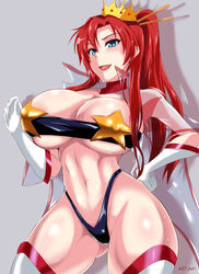 1girls alternate_costume blush boudica_(fate) breasts cosplay crown fate/grand_order fate_(series) female female_only gem gloves hair_ornament impossible_clothes jet_puri large_breasts lingerie long_hair navel red_hair revealing_clothes smile solo space_yoko stars stomach sweat sweatdrop tengen_toppa_gurren_lagann thighhighs underwear yoko_littner