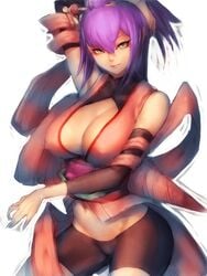 1girls amane_nishiki bike_shorts blazblue blazblue:_chronophantasma class cleavage clothed clothed_female clothes clothing female female_only fumio_(rsqkr) gender_transformation genderswap_(mtf) kimono large_breasts long_hair looking_at_viewer purple_hair rule_63 smile smiling smiling_at_viewer solo solo_female solo_focus