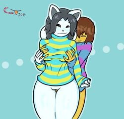 aged_up anthro anthrofied bottomless breast_grab brown_hair candy_tooth closed_eyes clothed clothing dark_skin female frisk fur grey_hair hair hi_res human male mammal straight tem temmie_(undertale) undertale video_games white_body white_fur