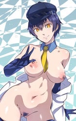 armwear big_breasts blue_gloves blue_hair breasts em em_(totsuzen_no_hakike) evening_gloves female gloves hair hat labcoat megami_tensei mostly_nude nipple_piercing nipples nude nude_female persona persona_4 piercing pubic_hair shadow_(persona) shadow_naoto shadow_self_(persona) shirogane_naoto short smiling smiling_at_viewer yellow_eyes