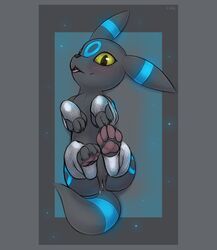 1girls 2019 4_toes alternate_color ass big_ears black_fur black_nose blue_background blue_fur blush claws clothing eeveelution eye_contact feet female female_only feral flat_chest glowing glowing_fur grey_border hi_res legs_up legwear long_ears looking_at_viewer multi_breast nintendo nipples nude on_back open_mouth original_character pawpads paws pokémon_(species) pokemon pokemon_gsc pose pussy pussy_juice shiny_pokemon simple_background slowderpyguy smile soles solo stripes tail text thighhighs toes tongue umbreon video_games watermark wide_hips yellow_eyes