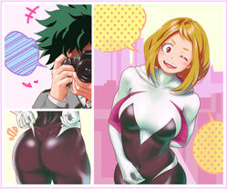 1boy 1girls alternate_costume ass blonde_hair blush bodysuit breasts camera cosplay female green_hair heart hip_focus impossible_clothes izuku_midoriya marvel marvel_comics medium_breasts my_hero_academia ochako_uraraka open_eyes pantylines photo roro short_hair shounen_jump smile spider-gwen_(cosplay) spider-man_(cosplay) spider-man_(series) thick_thighs thighhighs thighs tight_clothing