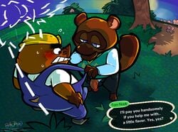 2019 animal_crossing anthro armor blush bottomwear brown_body brown_fur bulge canid canine chubby detailed_background duo english_text eulipotyphlan flaccid fur furry headgear helmet highres humanoid_hands humanoid_penis male male_only mammal mole_(animal) mr._resetti nintendo outdoors overalls overweight pants penis raccoon_dog shirt slightly_chubby tanuki text tom_nook topwear torquewintress yaoi