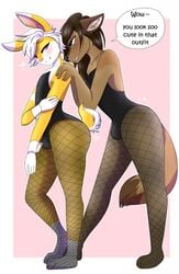 2boys blush brown_hair bulge canid canine crossdressing furry lagomorph leotard male male_only novaberry pink_background stan_(novaberry) tail white_hair wrist_cuffs