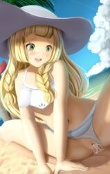 1boy 1girls alternate_outfit ass beach big_ass bikini bikini_top blonde_hair blush bottomless breasts clitoris clothed clothed_female_nude_male clothes clouds cum cum_in_pussy cum_inside day dkoro eyelashes female flat_chest green_eyes hands_on_chest hat heart heart-shaped_pupils lillie_(pokemon) looking_at_viewer male nintendo on_top open_mouth outdoors panties panties_aside penis pokemon pokemon_sm pussy riding sand sex sky small_breasts smile source_request spread_legs squatting straight swimsuits thick_thighs water white_panties