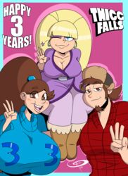 1boy 2girls alternate_breast_size big_breasts blonde_hair boots brown_hair clothed dipper_pines disney disney_channel frostbiteboi gravity_falls huge_breasts mabel_pines pacifica_northwest straight_hair tagme