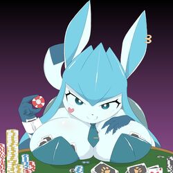 1:1 1girls 3_fingers anthro anthrofied ass bent_over big_ass big_breasts big_ears biidama blue_eyes blue_fur breast_squish breasts bunnysuit canine card cleavage clothed clothes earrings eeveelution eye_contact eyelashes female female_only furry glaceon half-closed_eyes hand_on_breast heart hi_res holding huge_breasts licking_lips long_ears looking_at_viewer necktie nintendo on_table piercing playing_card pokémon_(species) pokemon pokemon_(species) pokemon_dppt poker poker_cards poker_chip poker_table purple_background simple_background smile solo table tail tongue tongue_out video_games wide_hips