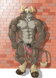 2019 absurd_res anthro black_nipples black_penis blonde_hair bovid bovine bulge cattle clothed clothing facial_piercing fur grey_body grey_fur hair hi_res hooves horn jockstrap joelbearb male male_focus male_only mammal multicolored_body multicolored_fur muscular muscular_male nipple_piercing nipples nose_piercing nose_ring penis penis_base piercing red_eyes solo standing topless two_tone_body two_tone_fur underwear zato