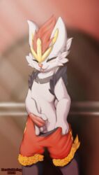 1boy 2019 animal_genitalia anthro balls biped blush cinderace closed_eyes clothed clothes clothing digitigrade erection fingers fur furry hair hi_res lagomorph male male_cinderace male_only male_pokemon mammal neothedragon nintendo pants_down partially_clothed penis pokémon_(species) pokemon pokemon_ss sex simple_background smile solo standing tapering_penis testicles text tongue tongue_out undressing video_games watermark white_body white_fur