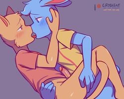 blue_eyes blue_fur blush bottomless burgerpants crybleat feline furry furry_only hand_on_face kissing legs_up male male_only nicecream_man orange_eyes orange_fur patreon_logo rabbit shirt_only tail undertale