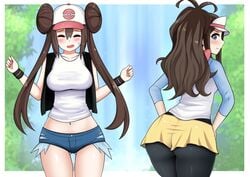 2girls alternate_costume alternate_hairstyle alternate_outfit ass back bent_over blue_eyes blush bracelet breasts brown_hair closed_eyes clothed clothes cosplay costume_switch day denim_shorts double_bun embarrassed eye_contact eyelashes female female_only female_with_female fully_clothed hat hilda_(pokemon) hilda_(pokemon)_(cosplay) huge_ass huge_breasts human impossible_clothes long_ears long_hair looking_at_viewer looking_back midriff nintendo open_eyes open_mouth outdoors outfit_swap pantyhose pokemon pokemon_bw pokemon_bw2 ponytail rosa_(pokemon) rosa_(pokemon)_(cosplay) shiny_skin shirt short_hair shorts skirt sky smile source_request sweat sweatband the_only_shoe thick_thighs thigh_gap tongue tree twintails vest white_border white_shirt wide_hips yellow_skirt