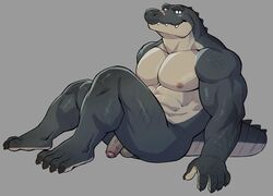 2019 absurd_res adios alligator alligatorid anthro balls biceps crocodile crocodilian crocodylid hi_res humanoid_penis male male_only muscular muscular_male nipples nude pecs penis reptile scalie simple_background solo vein