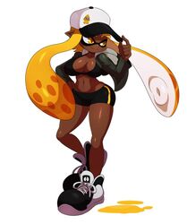 1girl 1girls 2016 2016s adjusting_headwear alternate_breast_size anthro baseball_cap belly_button big_breasts bike_shorts black_shorts blunt_bangs breasts cephalopod cephalopod_humanoid cleavage cleavage_cutout clothed clothes clothing_cutout crop_top dark-skinned_female dark_skin digital_drawing_(artwork) digital_media_(artwork) female female_focus female_only grey_clothing grey_hoodie hair hand_on_hip hand_on_own_hip hat headgear headwear highres hood hoodie humanoid inkling inkling_girl inkling_player_character large_breasts long_hair long_sleeves mask_(marking) matching_hair/eyes navel nintendo open_clothes open_hoodie paint_splatter pointy_ears revealing_clothes shoes short_shorts shorts simple_background single_vertical_stripe smile sneakers solo solo_female solo_focus splatoon splatoon_(series) squid squid_humanoid sssonic2 standing tentacle tentacle_hair white_background white_shoes yellow_eyes yellow_hair yellow_inkling_girl young