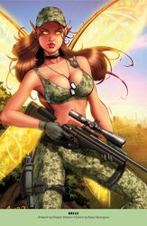 1girls artist_name belle_(zenescope) belt big_breasts black_belt bra breasts brown_hair busty camouflage cap character_name cleavage collar dog_tag elf_ears eye_contact fairy fairy_wings female female_only glowing_eyes glowing_wings grass green_bra green_cap green_hat gregbo_watson grimm_fairy_tales_(comic) gun hat holding_gun holding_weapon large_breasts long_ears long_hair looking_at_viewer necklace pants pinup pointy_ears red_lips red_lipstick rifle sanju_nivangune smile smiling sniper sniper_rifle soldier solo sports_bra text weapon white_skin yellow_eyes yellow_sclera zenescope zenescope_entertainment