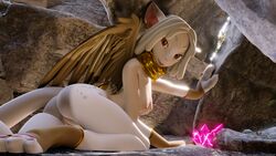 1girls 2019 3d anthro ashnar breasts clothing collar felid female female_only legwear looking_back mammal mythological_sphinx mythology nipples nude opal_(ashnar) pussy socks solo