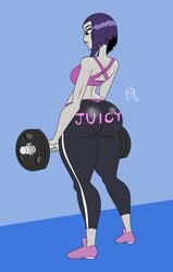 1girls ass big_ass blue_background breasts cartoon_network dc dc_comics frostbiteboi grey_skin huge_ass medium_breasts pale-skinned_female pale_skin purple_eyes purple_hair rachel_roth raven_(dc) short_hair solo sports_bra sports_shoes sweat sweatpants teen_titans toonami weightlifting weights yoga_pants