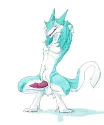 absurd_res anthro balls erection fur hair hi_res looking_at_viewer male male_only mej nude open_mouth penis sergal simple_background smile solo soul_sergal tongue tongue_out white_background