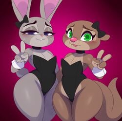 2girls :3 areolae areolae_slip blue_eyes blush bow bunnysuit cleavage clothing cowboy_shot disney female flat_chest flat_chested green_eyes huge_ass judy_hopps mrs._otterton multiple_girls nipple_slip open_mouth purple_background smile sssonic2 tail v_sign zootopia