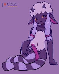 1boy anthro anthrofied black_skin blush braid crybleat cute erection eye_contact feet femboy furry girly half-closed_eyes looking_at_viewer male male_only nintendo nude original_character pokemon pokemon_(species) pokemon_ss pose purple_background sheep solo source_request striped_legwear testicles text thick_thighs watermark wide_hips wooloo yellow_eyes yellow_sclera