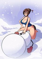 brellom brown_hair facesitting glasses large_breasts masturbation mei_(overwatch) overwatch partially_clothed snow snowing snowman tank_top thin_waist wide_hips