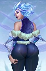 artist_signature ass big_ass blue_hair blue_nails cyberneticknight eyeshadow frostblade_irelia fur_trim huge_ass irelia_xan league_of_legends looking_back nail_polish pantylines purple_eyes snowdown_series tight_clothing wide_hips winter_wonderland_series