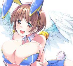 angel angel_wings breasts brown_eyes brown_hair bunny_ears bunny_tail bunnysuit clothing detached_collar female haruichi kamihime_project_r large_breasts long_hair nike_(kamihime) smile white_background