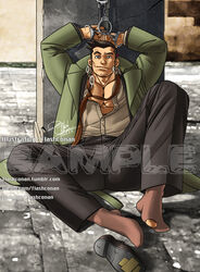 1boy bara bondage clothed dick_gumshoe flashconan gyakuten_saiban hand_above_head handcuffs male male_only solo