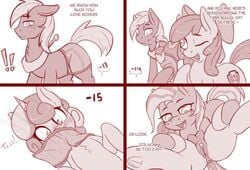 absurd_res anus apple_bloom_(mlp) babs_seed_(mlp) big_macintosh_(mlp) bodily_fluids comic crotchboobs dialogue equid fearingfun female feral friendship_is_magic genital_fluids hi_res horn male mammal my_little_pony pussy pussy_juice sweetie_belle_(mlp) unicorn