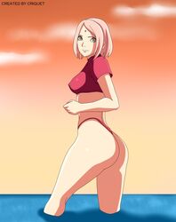 1girls ass criquet female female_only green_eyes legs looking_at_viewer naruto naruto_(series) naruto_shippuden pink_hair sakura_haruno short_hair smile solo sunset thick_legs thong