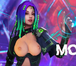 3d breasts chest female female_focus free_fire garena green_hair hacker looking_at_viewer moco_(free_fire) nipples nude nude_female purple_eyes smile white_skin