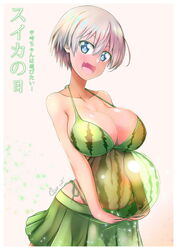 1girls 2020 artist_name beach_ball bikini blue_eyes blush breast_hold breasts cigar_cat cleavage eyebrows_visible_through_hair fangs female female_only grey_background grey_hair hair_between_eyes highres holding_ball japanese_text large_breasts navel open_mouth see-through short_hair side-tie_bikini signature simple_background skirt smile solo standing swimsuit text tongue translated uzaki-chan_wa_asobitai! uzaki_hana watermelon watermelon_day watermelon_print