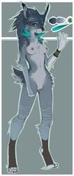 1girls anthro arm_tuft black_nose breasts canid canine canis chest_tuft color_swatch digitigrade ear_tuft elbow_tufts female female_only fur gesture green_eyes grey_background grey_body grey_fur grey_hair hair here-kitty--kitty kida_(mr-oz) looking_at_viewer mammal navel nipples nude paws pussy simple_background smile solo standing tuft waving wolf