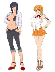 2girls bare_calves bare_legs big_breasts bikini_top black_hair breasts brown_eyes busty calves capri_pants cleavage erect_nipple eyelashes female female_focus female_only high_heels hourglass_figure kagami_hirotaka large_breasts lipstick long_legs looking_at_viewer low_cut_pants nami navel nico_robin nipple_bulge one_piece open_toe_shoes orange_hair pinup pleated_skirt pose posing pre-timeskip red_hair sandals sideboob sleeveless standing tagme tattoo wide_hips