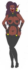 arms_at_sides big_breasts big_breasts black_legwear black_lingerie censored dark-skinned_female elf heels legs_together lips opalogem_(artist) purple_hair red_lips rings smile thick_thighs vanessa_(live_for_the_funk) waist wide_hips