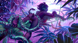 absurd_res anthro barbed_penis black_fur clouds full_moon green_penis holivi looking_at_viewer male_only on_stomach original_character rainforest smiling_at_viewer snake