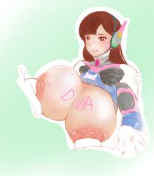 1girls breast_press d.va disembodied_penis huge_breasts knpf large_areolae large_insertion nipple_penetration overwatch pale_color soft_color solo writing_on_skin