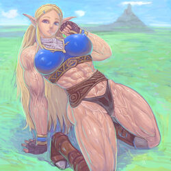 1girls abs blonde_hair blue_eyes breasts breath_of_the_wild busty extreme_muscles female female_only fingerless_gloves gloves large_breasts long_hair muscles muscular muscular_female nintendo pointy_ears pose princess_zelda sainticon solo the_legend_of_zelda veins zelda_(breath_of_the_wild)