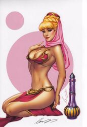 1girls big_breasts blonde_hair blue_eyes bra breasts busty cleavage elias_chatzoudis eyeshadow female female_only genie_lamp hair_bun headwear hood i_dream_of_jeannie jeannie lamp large_breasts lipstick loincloth makeup mascara metal_bra nail_polish pink_bra pink_hood pinup red_lips red_lipstick red_nail_polish red_nails signature sitting solo thighs