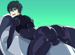 1boy ass black_hair black_hair_bottom bulge butt_focus darling_in_the_franxx domination gasaiv green_eyes hiro_(darling_in_the_franxx) huge_ass light_hair_on_dark_hair looking_at_viewer looking_back male male_only open_mouth pink_hair pink_hair_on_black_hair pink_hair_top presenting rear_view solo solo_male