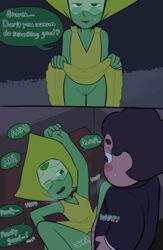 20daysapple ambiguous_penetration blush cartoon_network color colored comic dress_lift english english_text female flashing flat_chest flat_chested gem_(species) green_eyes green_hair green_skin green_text human interspecies male male/female penis peridot_(steven_universe) seducing sex small_breasts speech_bubble steven_quartz_universe steven_universe straight straight_sex tagme text yellow_dress young