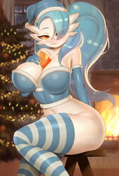 1girls 3_fingers alternate_color alternate_hairstyle arm_behind_back armpits bare_shoulders belly big_ass big_breasts blue_thighhighs blush bottomless chair christmas christmas_hat christmas_tree eye_contact eyelashes female female_only fire fireplace fit gardevoir glasses grin hair_over_one_eye half-closed_eyes hand_on_breast hat huge_ass huge_breasts large_ass large_breasts long_hair looking_at_viewer navel nintendo no_panties orange_eyes original_character pokémon_(species) pokemon pokemon_(species) pokemon_rse ponytail pose shiny_gardevoir shiny_pokemon shirt side_ponytail sitting smile solo striped_thighhighs tank_top thick_thighs thighhighs thin_waist whisperingfornothing wide_hips