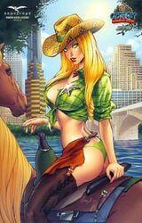 1girls austin badge big_breasts boots breasts bridge busty cowboy_hat elias_chatzoudis eye_contact female female_only glowing_eye green_eyes green_panties green_shirt green_thong grimm_fairy_tales_(comic) hat large_breasts loincloth looking_at_viewer necklace new_york new_york_city panties pink_nail_polish pink_nails pinup red_lips red_lipstick river robyn_hood robyn_locksley scar sheriff_badge sheriff_star shirt short_shirt signature smile smiling solo texas thighhigh_boots thong water yellow_eye zenescope zenescope_entertainment