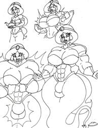 abs aladdin arm_cuffs big_balls big_breasts big_penis breast_expansion breasts bulge clothing da-fuze disney disney_princess earrings female_to_futa futanari futanari_transformation gender_transformation genderswap genie genie_bottle genie_lamp growth hair_ornament lamp long_hair magic_lamp monochrome muscle muscle_growth muscles muscular muscular_futanari necklace penis_growth pose princess_jasmine smile transformation