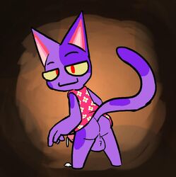 2019 :] animal_crossing anthro ass backsack balls bob_(animal_crossing) bodily_fluids bottomless clothed clothing cum cum_on_ground domestic_cat erection felid feline felis fur genital_fluids looking_at_viewer looking_back male male_only mammal nintendo penis purple_body purple_fur rabblet solo video_games