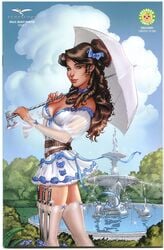 1girls annabelle_dimarco axe big_breasts blue_eyes breasts brown_hair cleavage cloud clouds collaboration comic_cover dress female female_only fountain grimm_fairy_tales_(comic) hair_bun holding_axe holding_umbrella long_hair looking_at_viewer michael_dooney minidress official_art parasol pinup red_lips red_lipstick sleeves solo standing stockings text throwing_knives ula_mos umbrella water white_dress white_stockings zenescope zenescope_entertainment